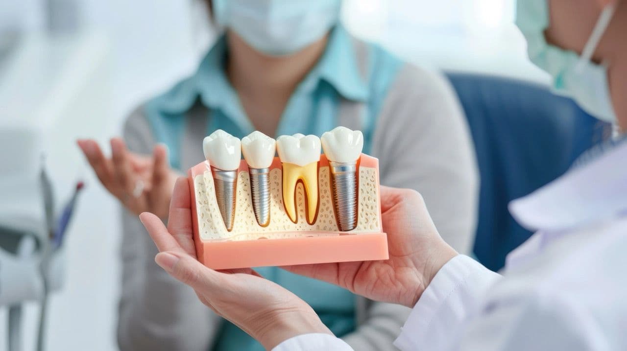 Photo of a dentist holding up an over-sized model of dental implants placed in bone