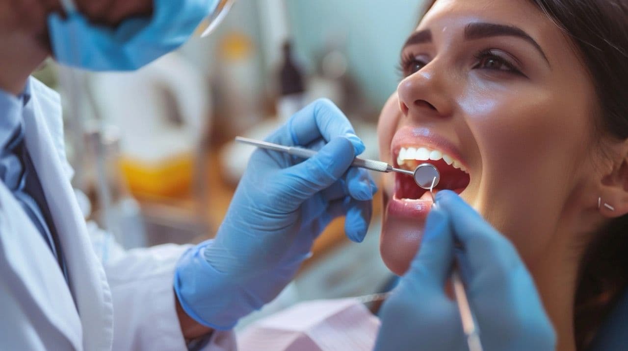 A woman having her mouth examined by a dentist